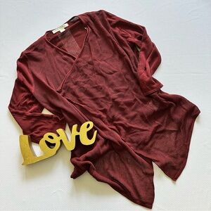 Emaline. Maroon lacy handkerchief hem cardigan, size PM, EUC